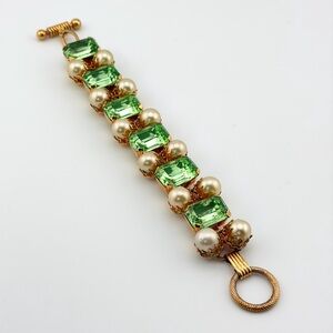 RARE Mid-century Link Bracelet Light Green Emerald Stones Faux Pearls “Huge”